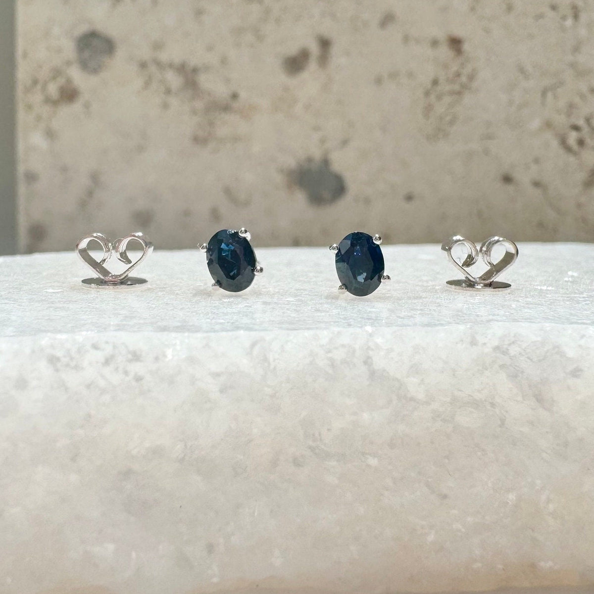 Genuine Sapphire Oval Cut Stud Earrings / 14K Solid Gold