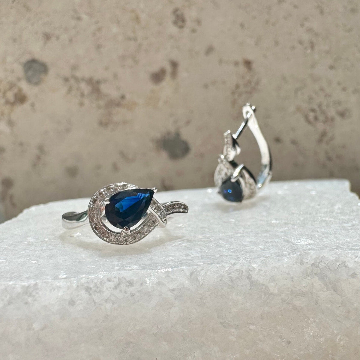 14k Solid White Gold Teardrop Hoop Earrings, Sapphire & Diamond, September Birthstone Gift