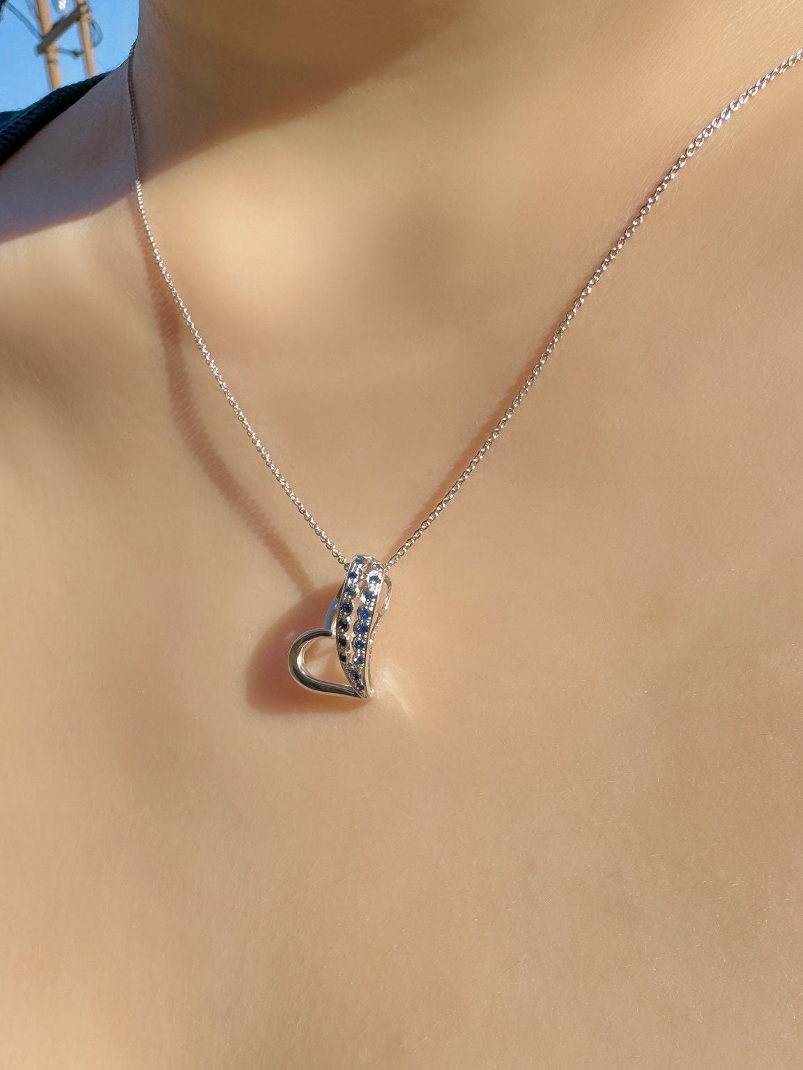 Genuine Sapphire Heart Dangle Pendant in 14k Solid Gold