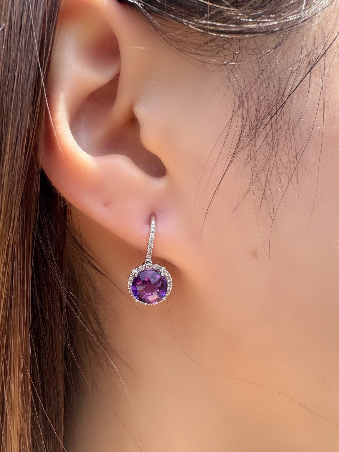14k White Gold Amethyst Diamond Halo Stud Earrings, February Birthstone Gift