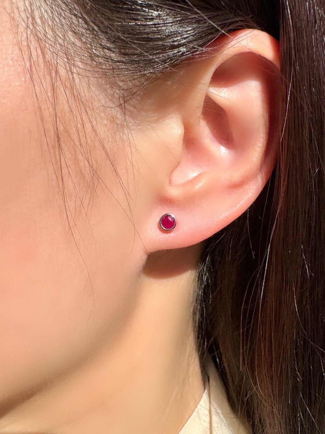 14k Solid Gold Ruby Bezel Stud Earrings, 4.5mm Round, July Birthstone