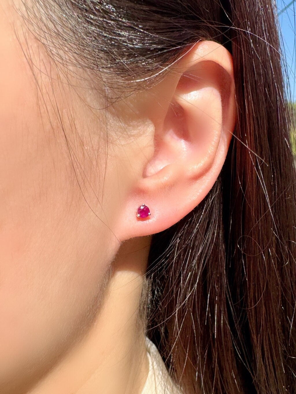 14k Solid Gold Ruby Stud Earrings, 4mm Round Cut, July Birthstone Gift