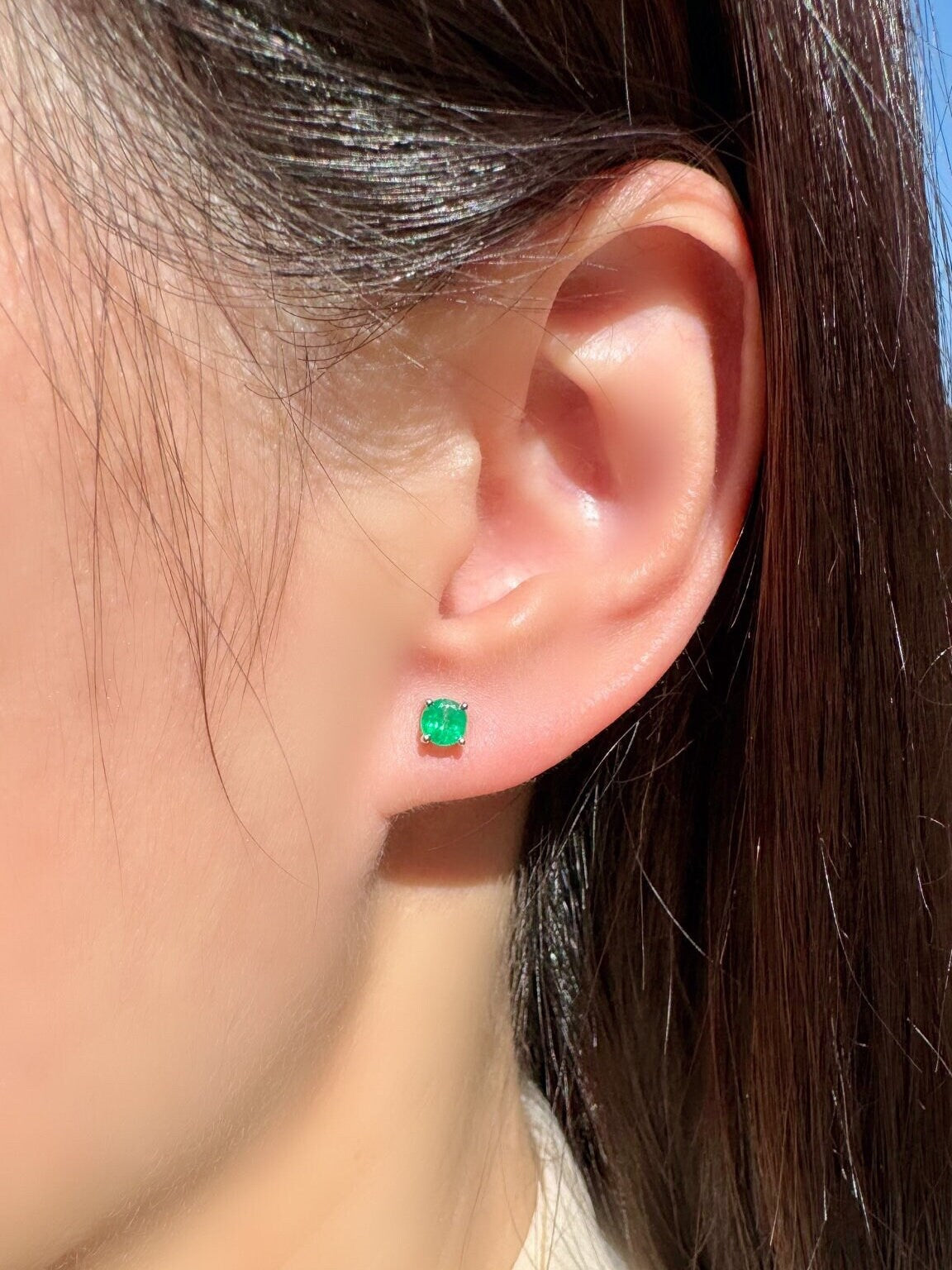 14k Solid Gold Round Cut 4mm Emerald Stud Earrings, May Birthstone Gift