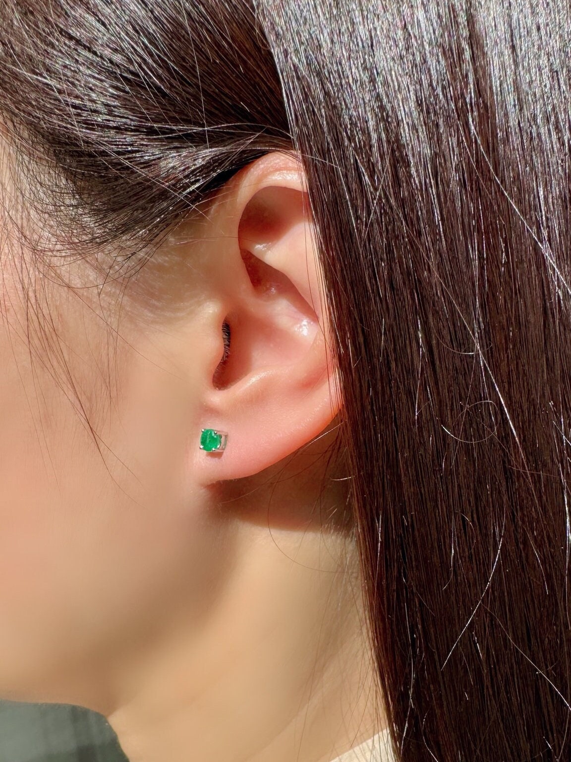 14k Solid Gold Round Cut 4mm Emerald Stud Earrings, May Birthstone Gift