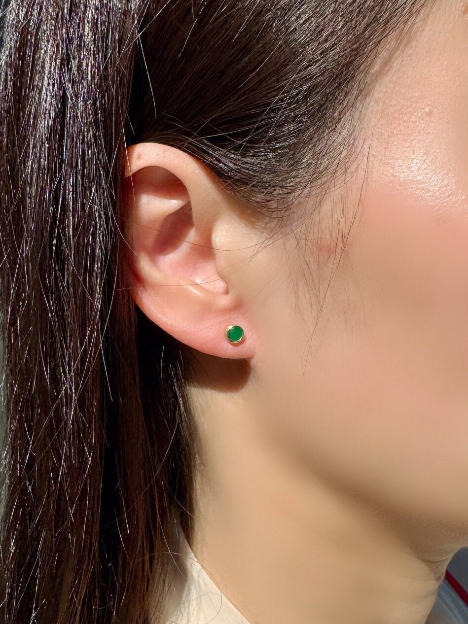 Genuine Emerald Round Bezel Stud Earrings 4.5MM / 14k Solid Gold