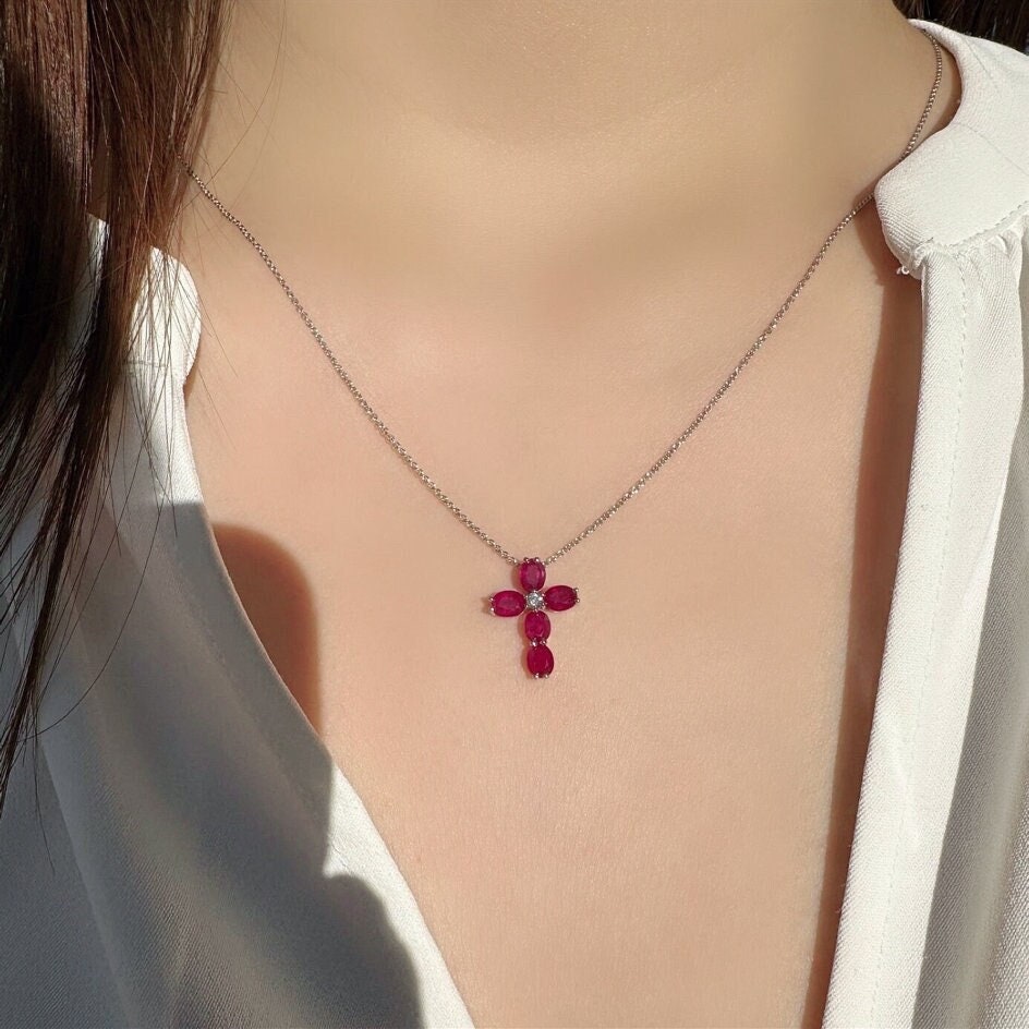 Genuine Ruby and Diamond Cross Pendant | 18k Solid White Gold