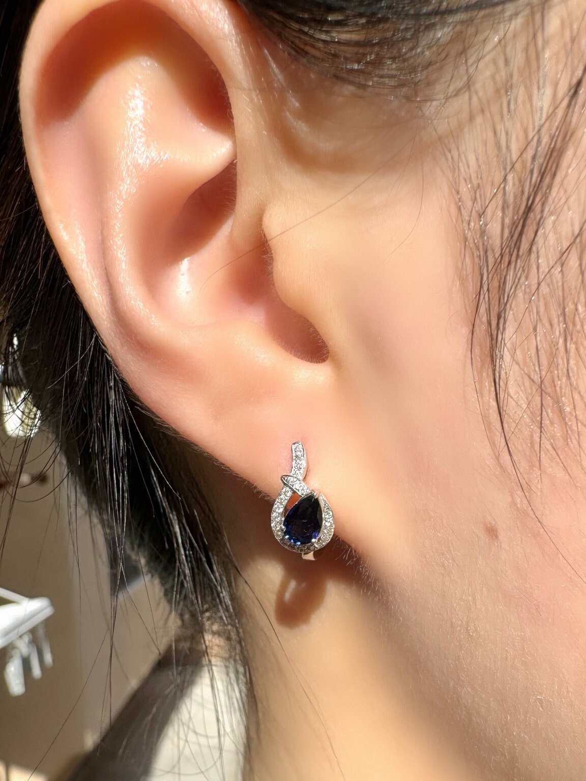 14k Solid White Gold Teardrop Hoop Earrings, Sapphire & Diamond, September Birthstone Gift