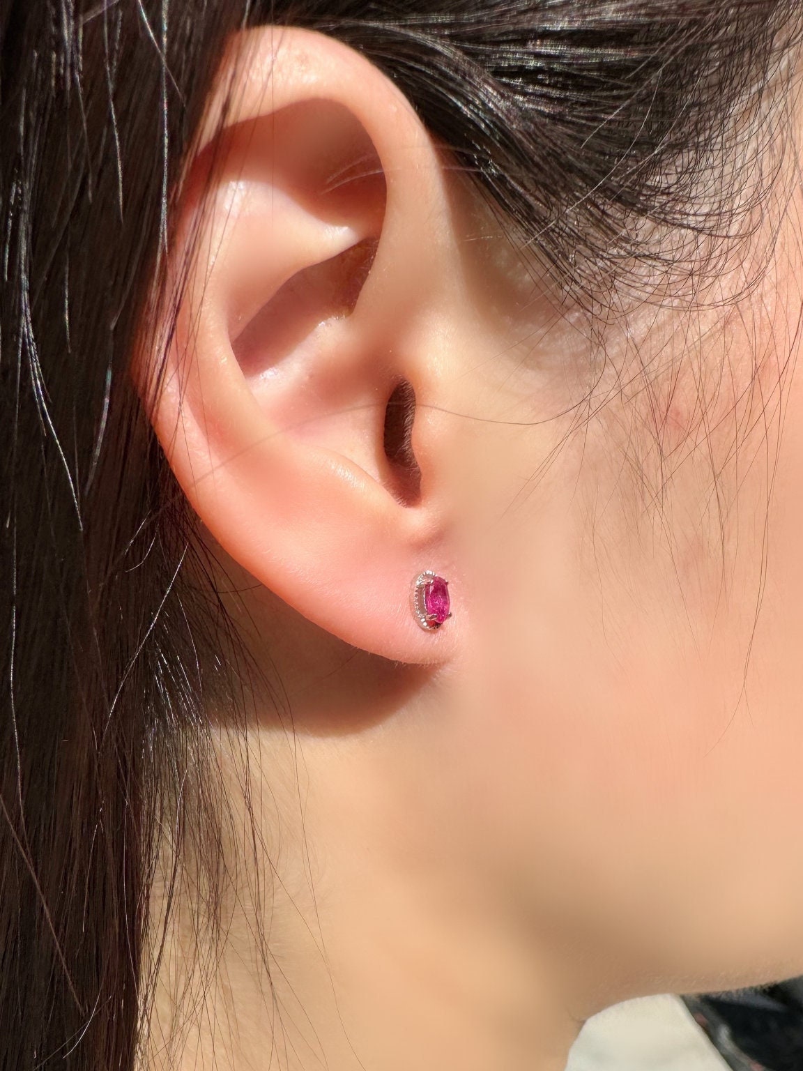 Genuine Oval Cut Ruby Halo Stud Earrings, 14k Solid White Gold, July Birthstone