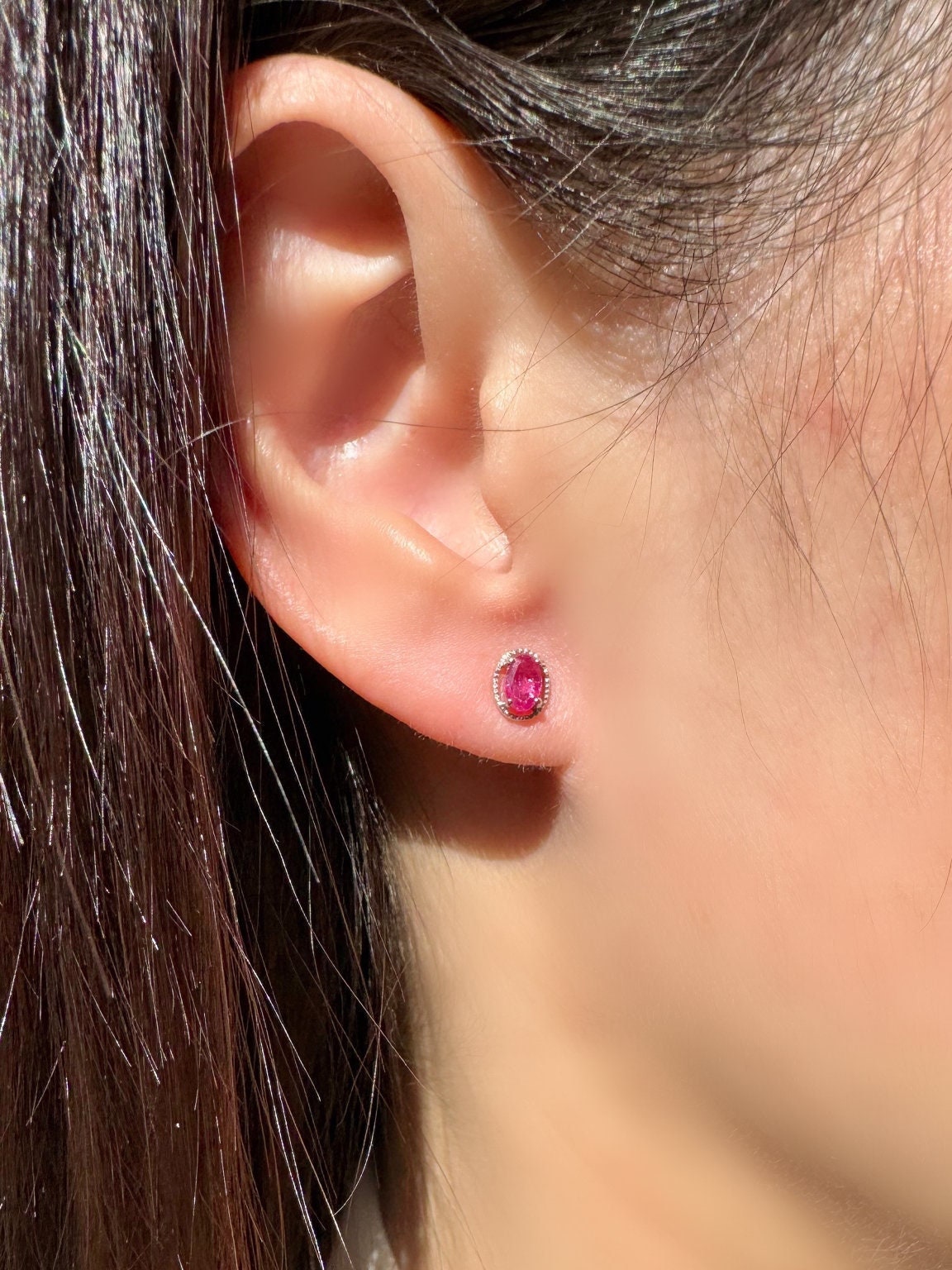 Genuine Oval Cut Ruby Halo Stud Earrings, 14k Solid White Gold, July Birthstone