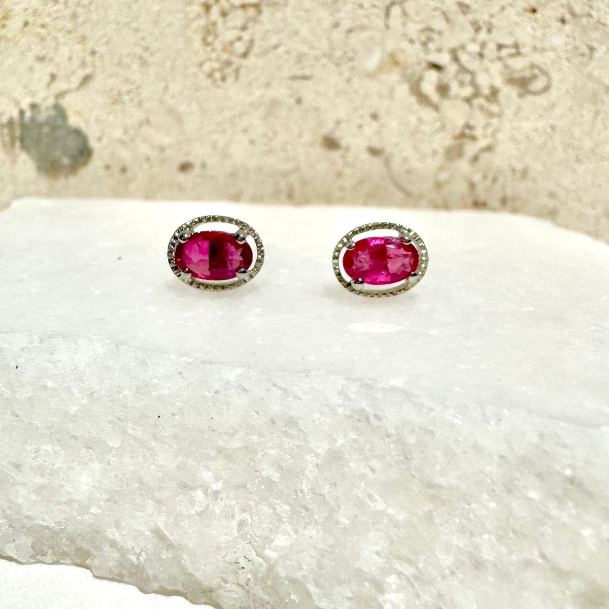 Genuine Oval Cut Ruby Halo Stud Earrings, 14k Solid White Gold, July Birthstone