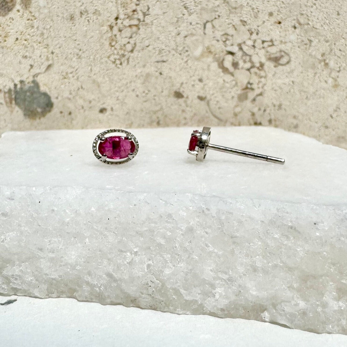 Genuine Oval Cut Ruby Halo Stud Earrings, 14k Solid White Gold, July Birthstone