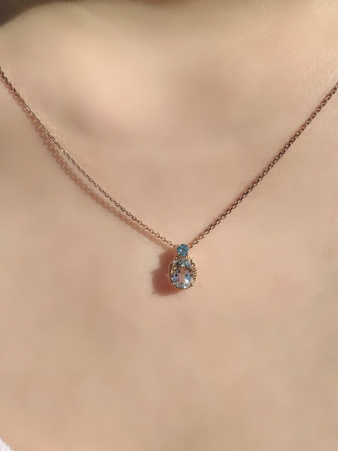 18k Rose Gold Aquamarine Blue Topaz Pendant Necklace, March Birthstone Gift