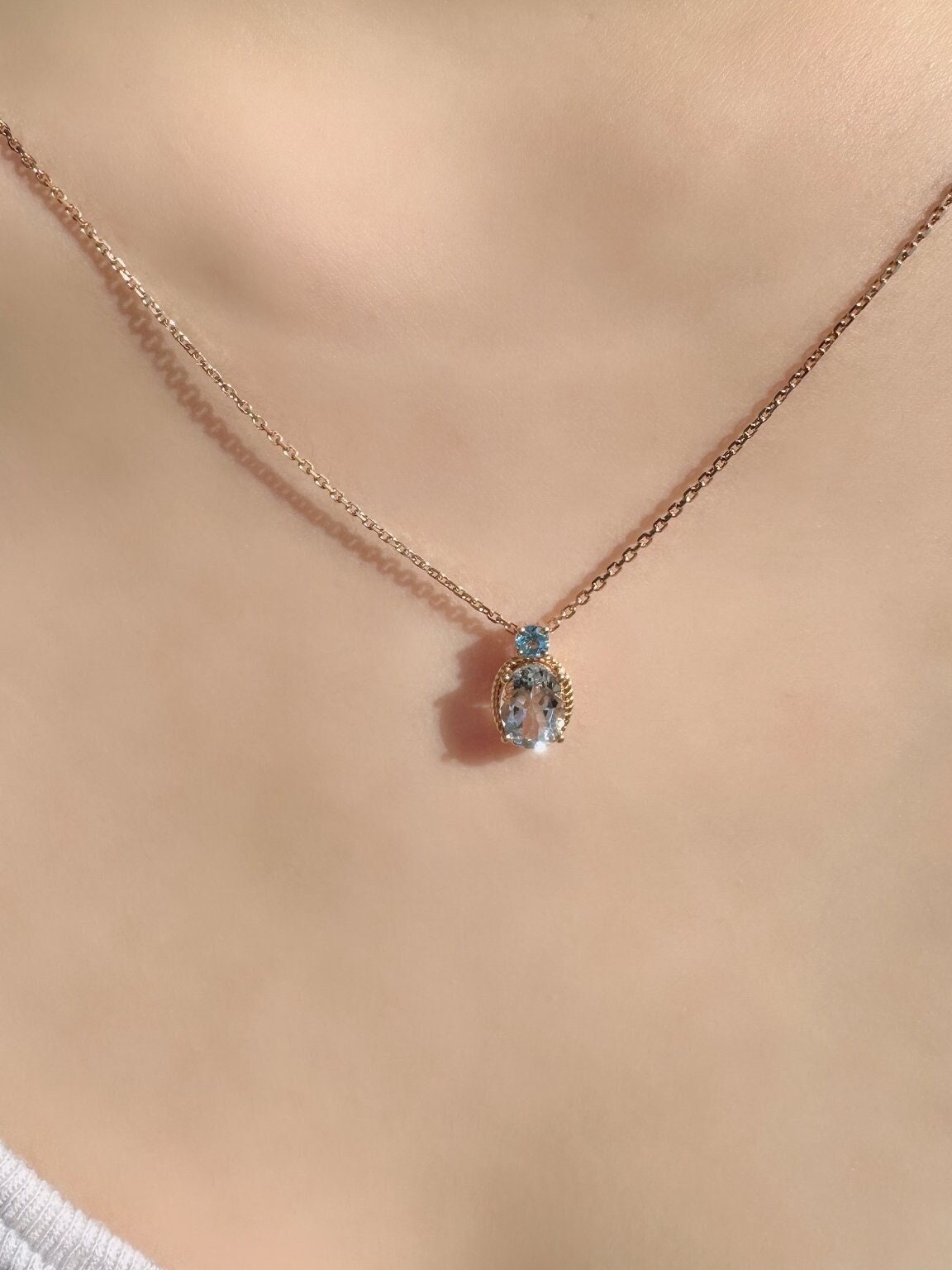 18k Rose Gold Aquamarine Blue Topaz Pendant Necklace, March Birthstone Gift