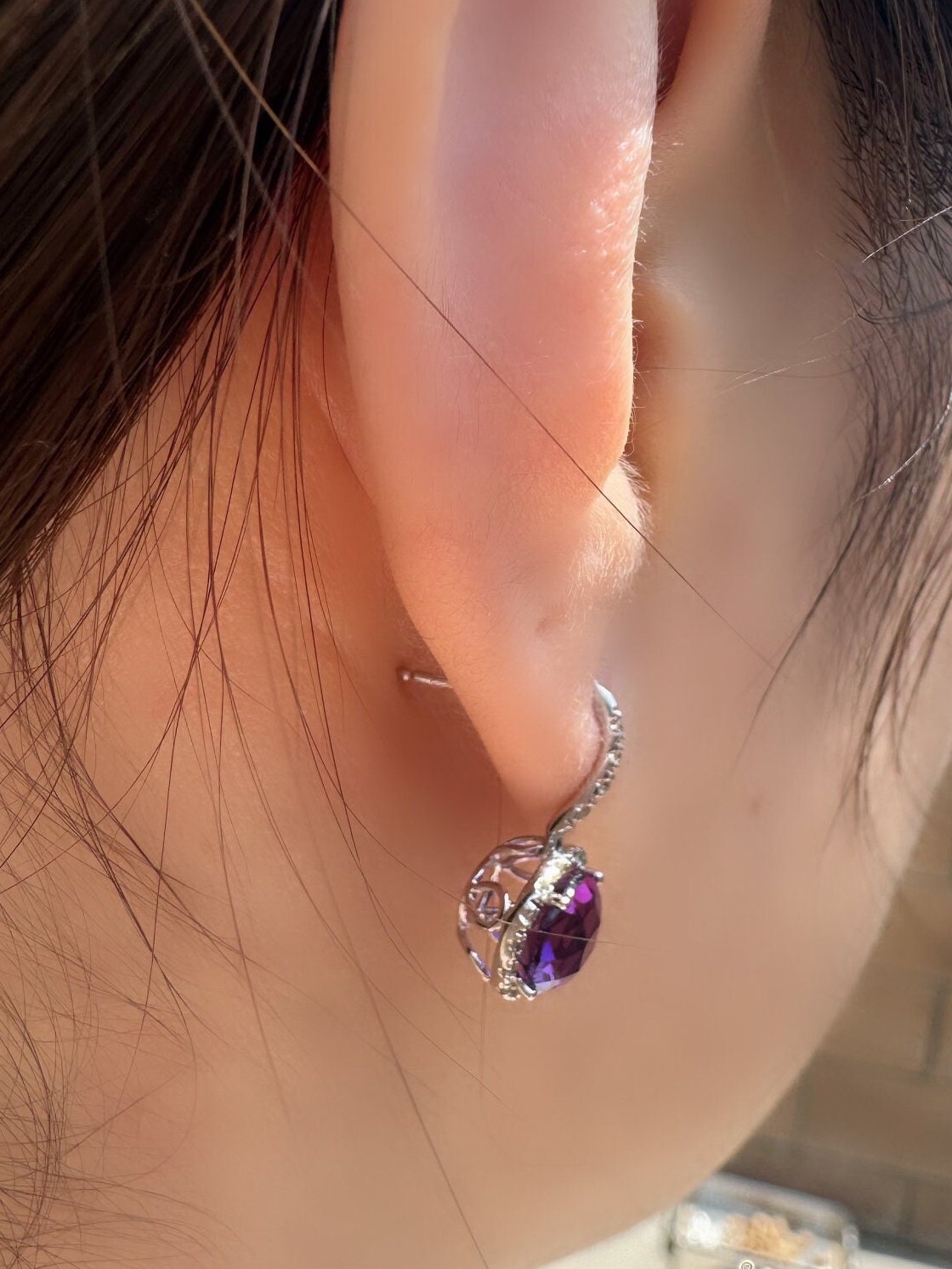 14k White Gold Amethyst Diamond Halo Stud Earrings, February Birthstone Gift