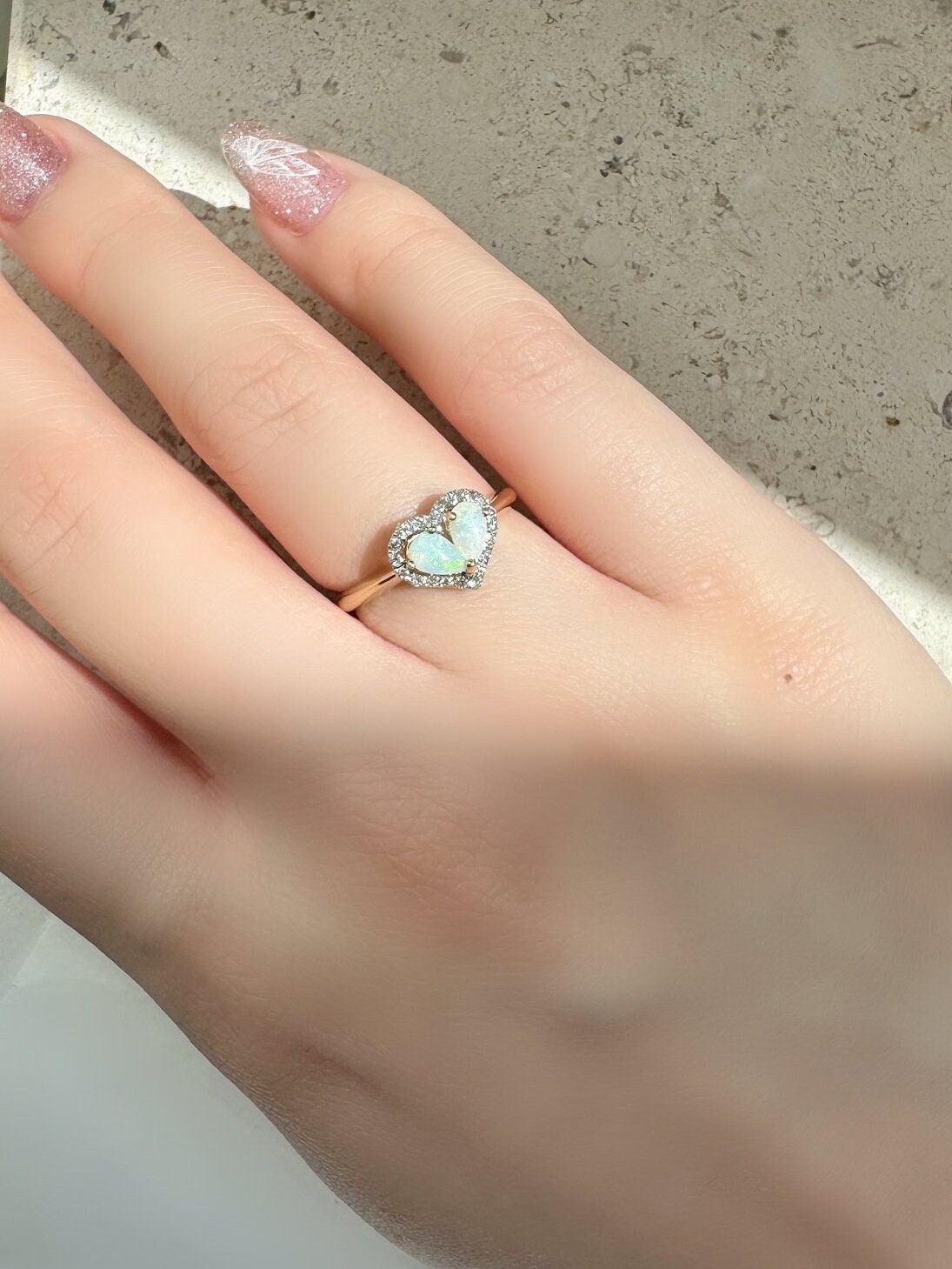 14k Yellow Gold Opal Diamond Heart Ring, Natural Gemstone Engagement Ring