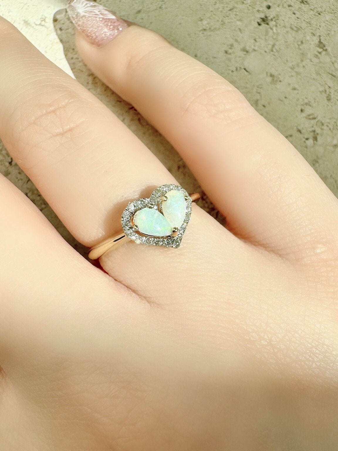 14k Yellow Gold Opal Diamond Heart Ring, Natural Gemstone Engagement Ring