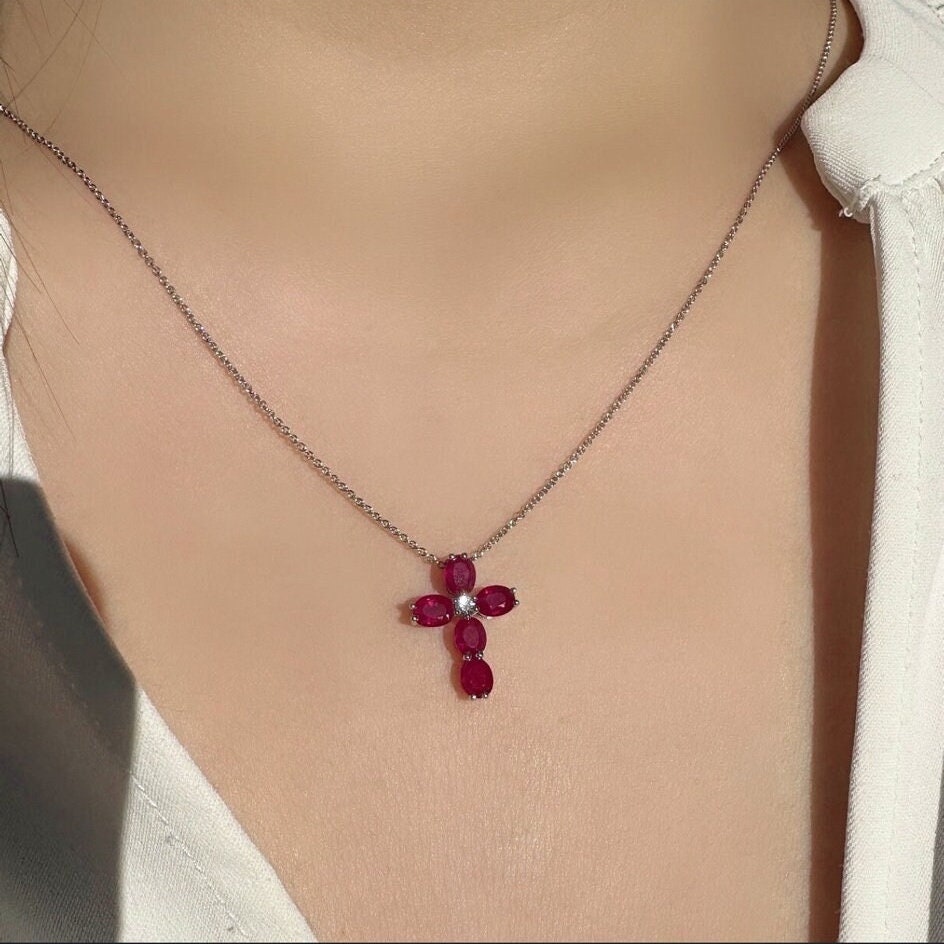 Genuine Ruby and Diamond Cross Pendant | 18k Solid White Gold