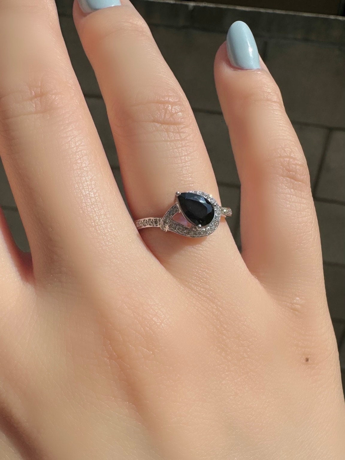 Genuine Sapphire and Diamond Pear Cut Ring | 14k White Gold