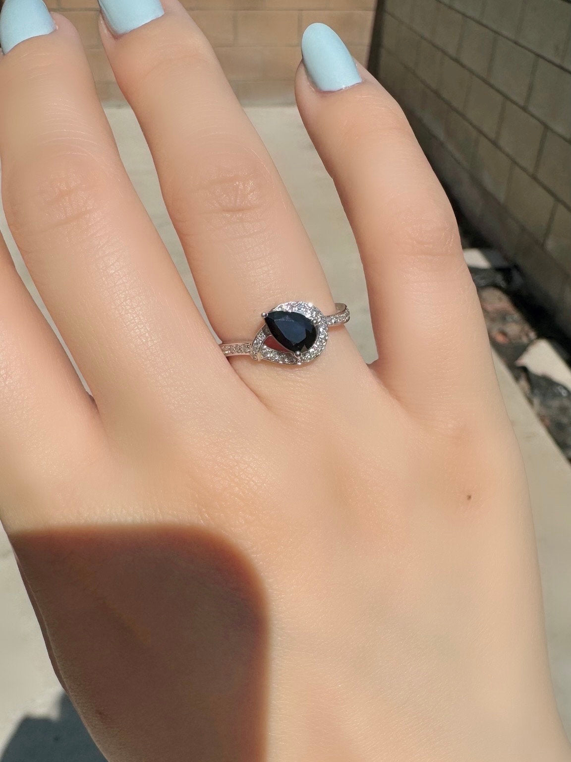 Genuine Sapphire and Diamond Pear Cut Ring | 14k White Gold