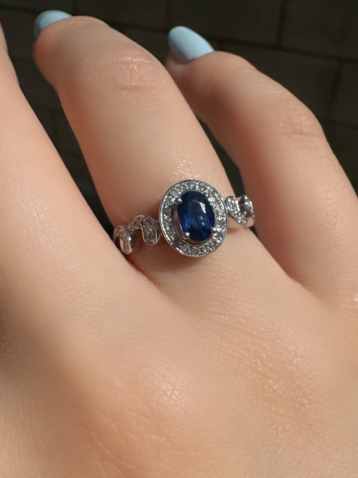 14k Solid White Gold Natural Oval Sapphire Swirl Diamond Halo Ring, September Birthstone