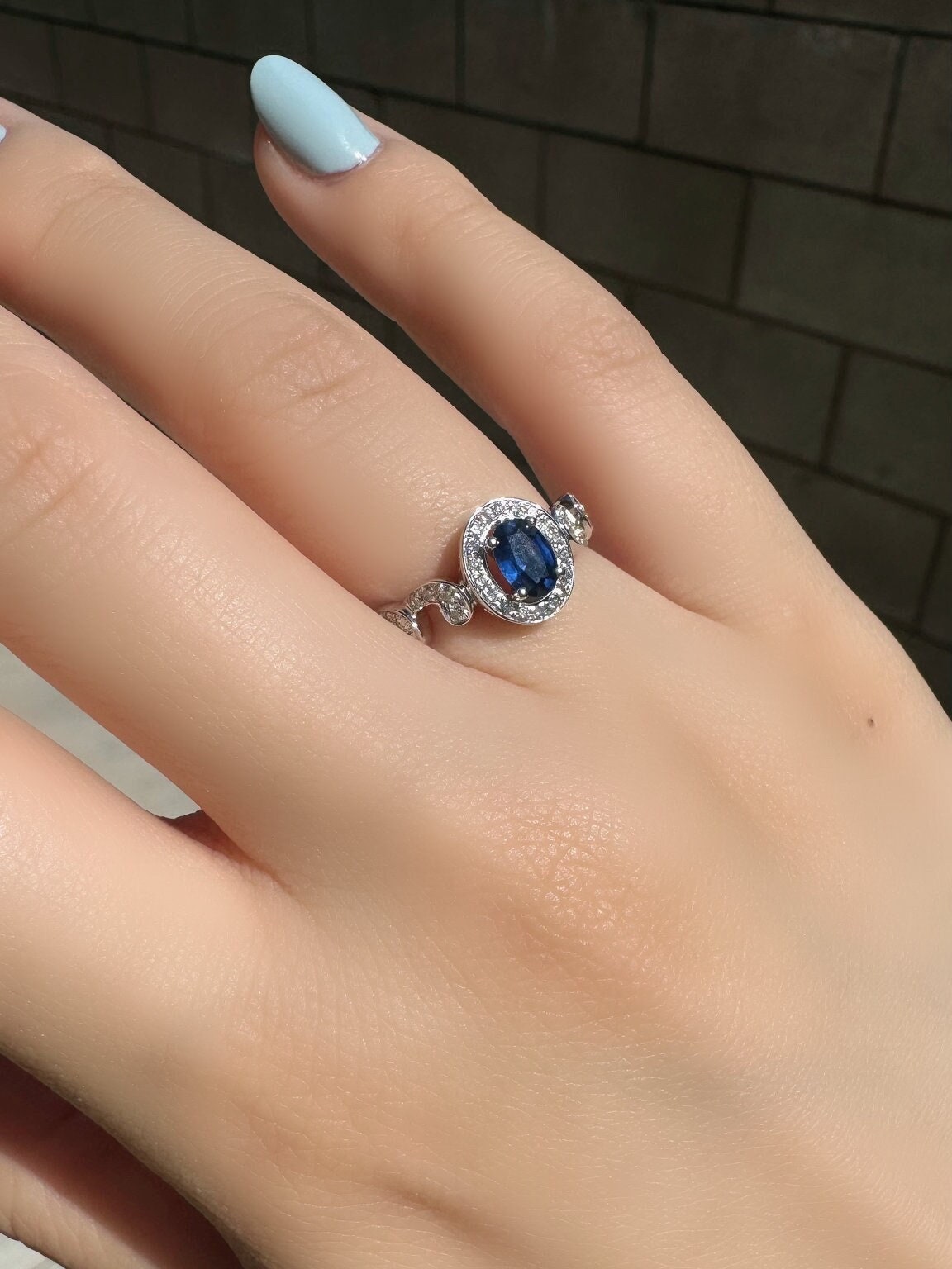 14k Solid White Gold Natural Oval Sapphire Swirl Diamond Halo Ring, September Birthstone
