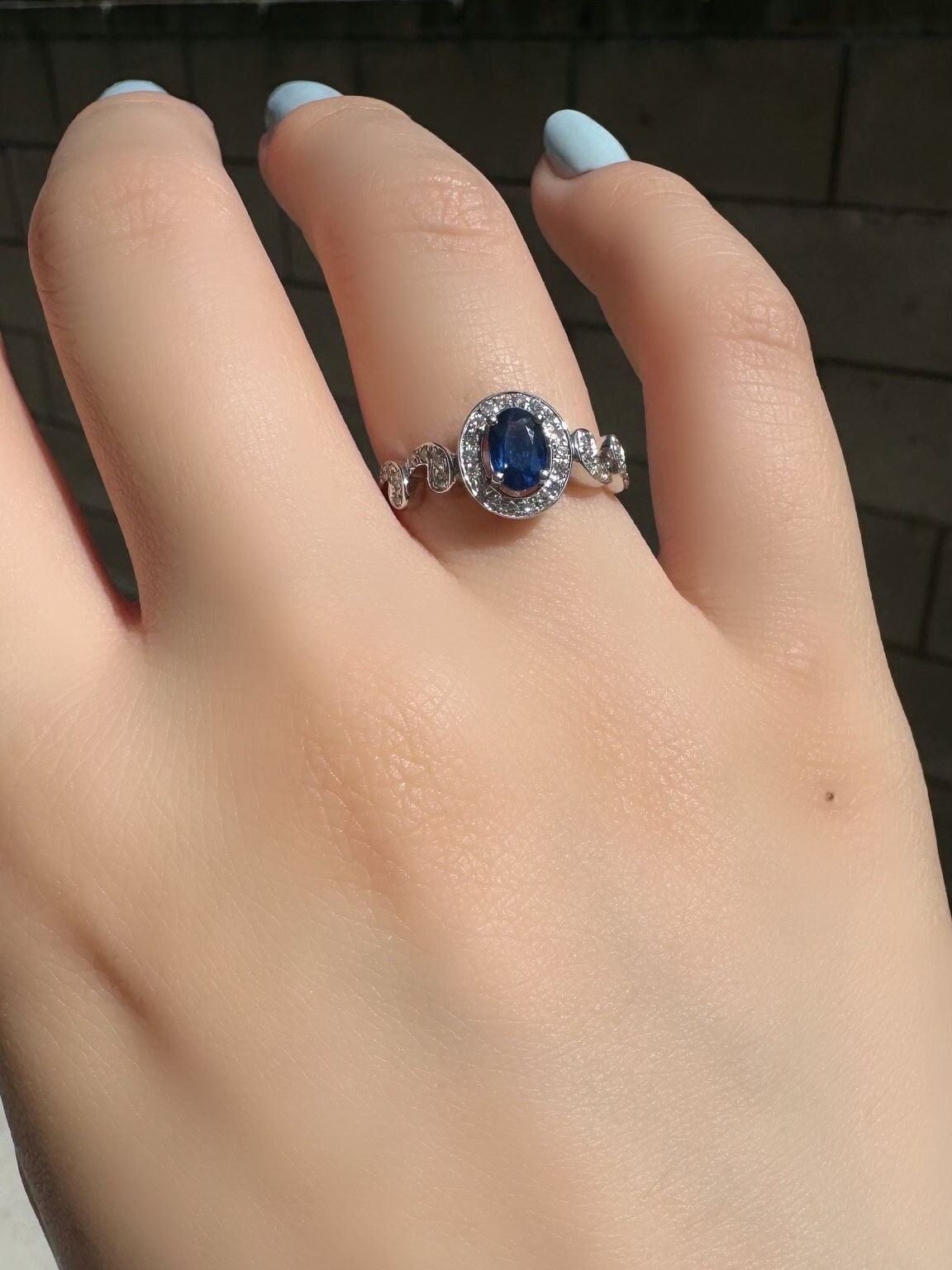 14k Solid White Gold Natural Oval Sapphire Swirl Diamond Halo Ring, September Birthstone