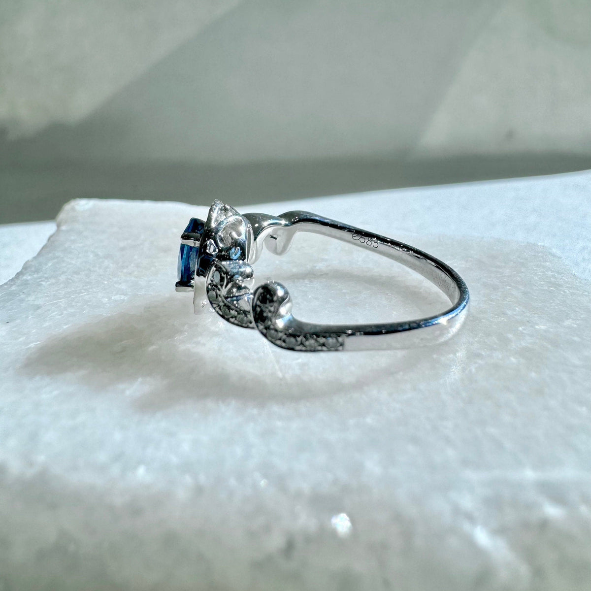 14k Solid White Gold Natural Oval Sapphire Swirl Diamond Halo Ring, September Birthstone
