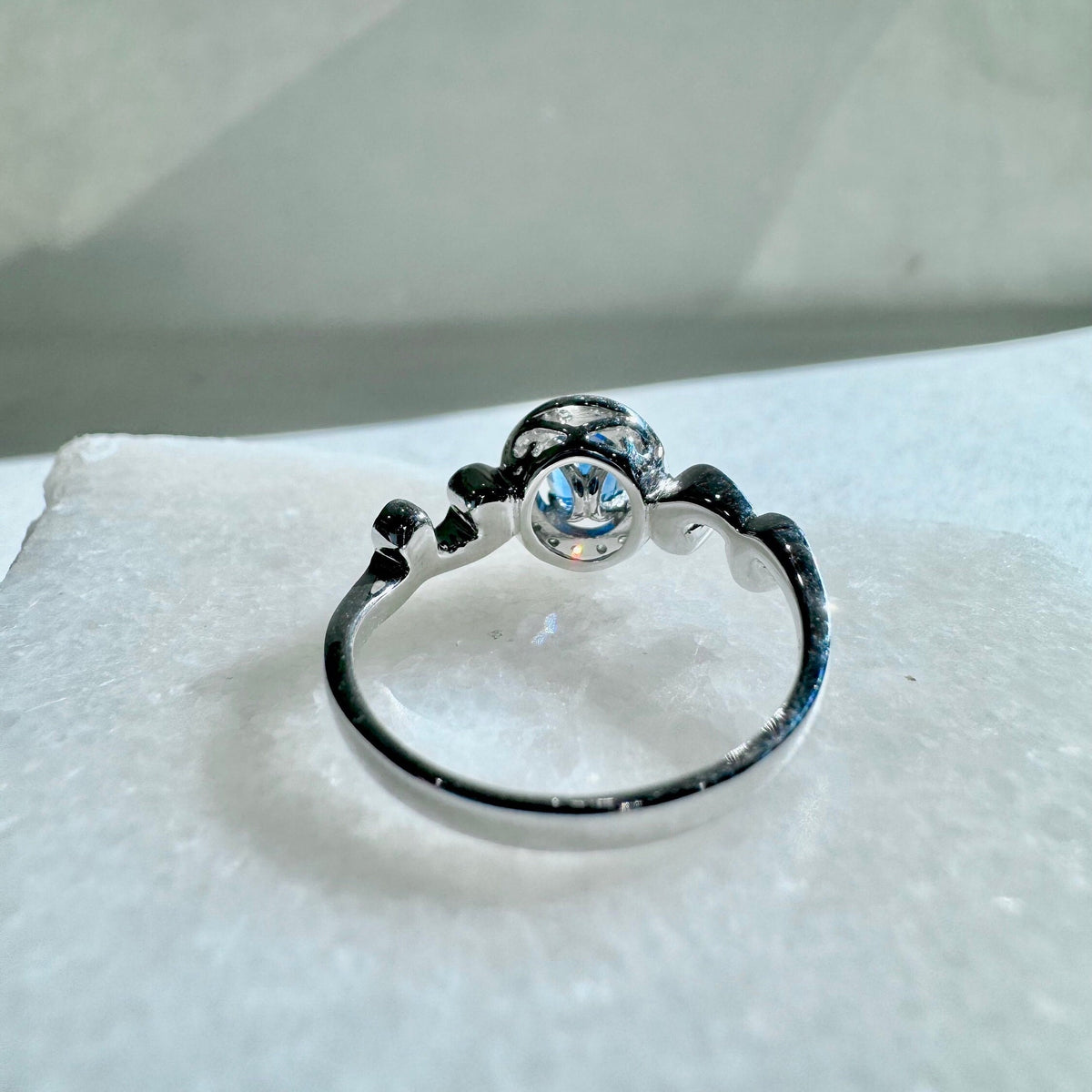 14k Solid White Gold Natural Oval Sapphire Swirl Diamond Halo Ring, September Birthstone