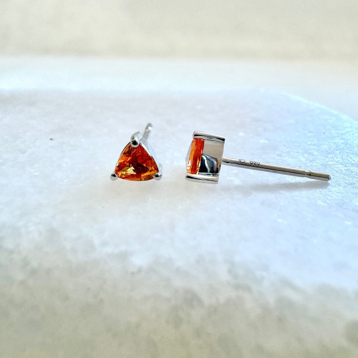 Natural Orange Sapphire Trillion Stud Earrings / 14k Solid Gold