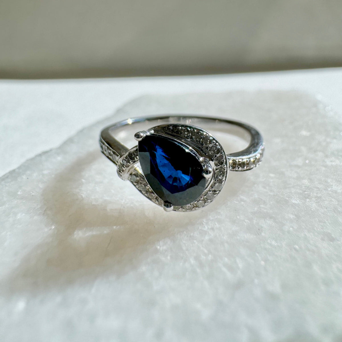 Genuine Sapphire and Diamond Pear Cut Ring | 14k White Gold