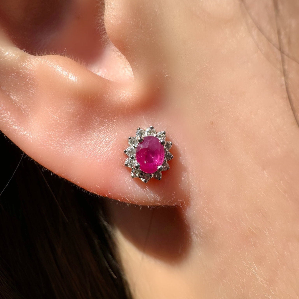 Ruby Diamond Solaris Earrings, Genuine 14k Solid Gold Sunburst Cluster, July Birthstone