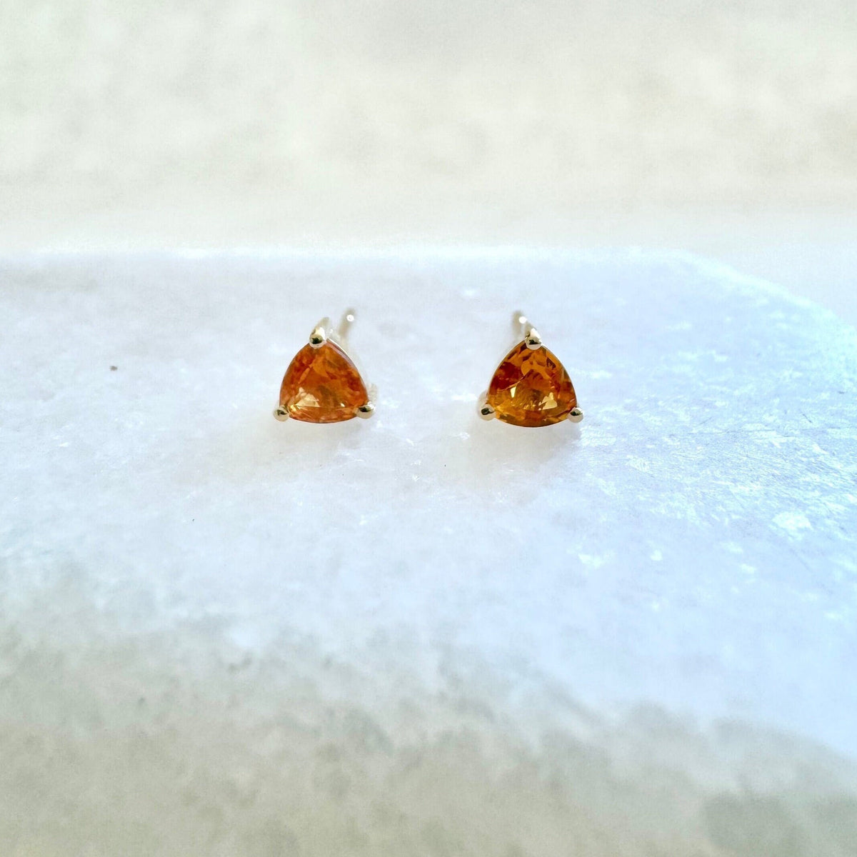Natural Orange Sapphire Trillion Stud Earrings / 14k Solid Gold