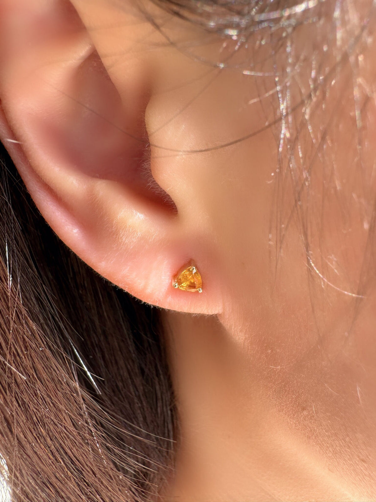 Natural Orange Sapphire Trillion Stud Earrings / 14k Solid Gold