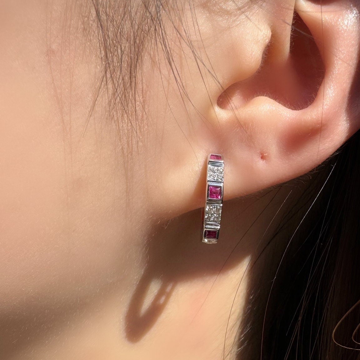 Genuine Ruby and Diamond Eternity Square Hoop Earrings in 14k Solid Gold