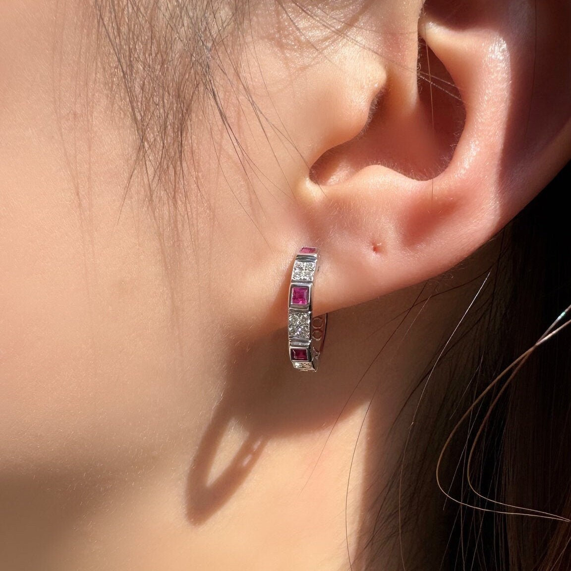 Genuine Ruby and Diamond Eternity Square Hoop Earrings in 14k Solid Gold