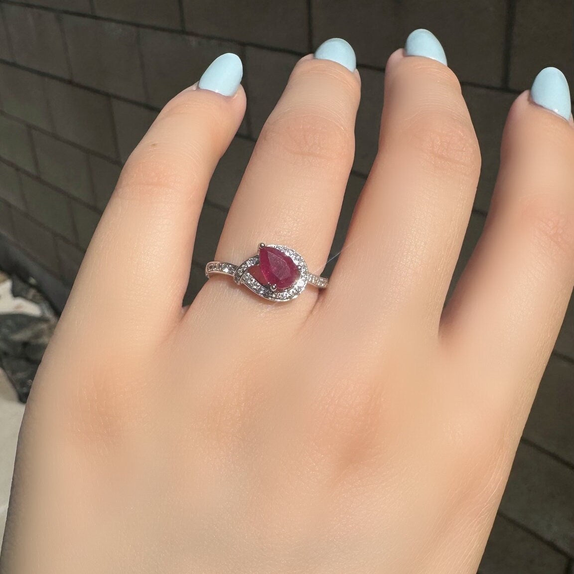Genuine Ruby and Diamond Teardrop Ring in 14k White Gold