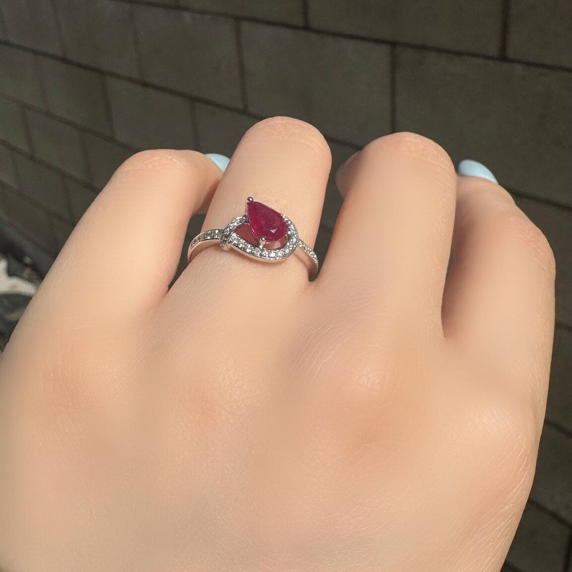 Genuine Ruby and Diamond Teardrop Ring in 14k White Gold