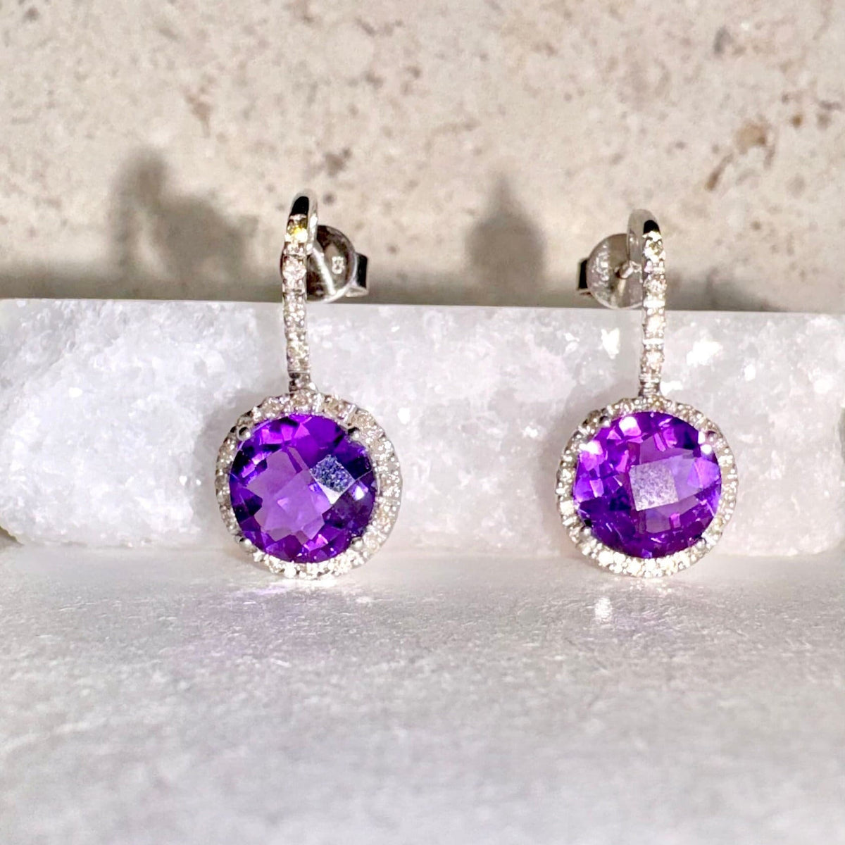 14k White Gold Amethyst Diamond Halo Stud Earrings, February Birthstone Gift
