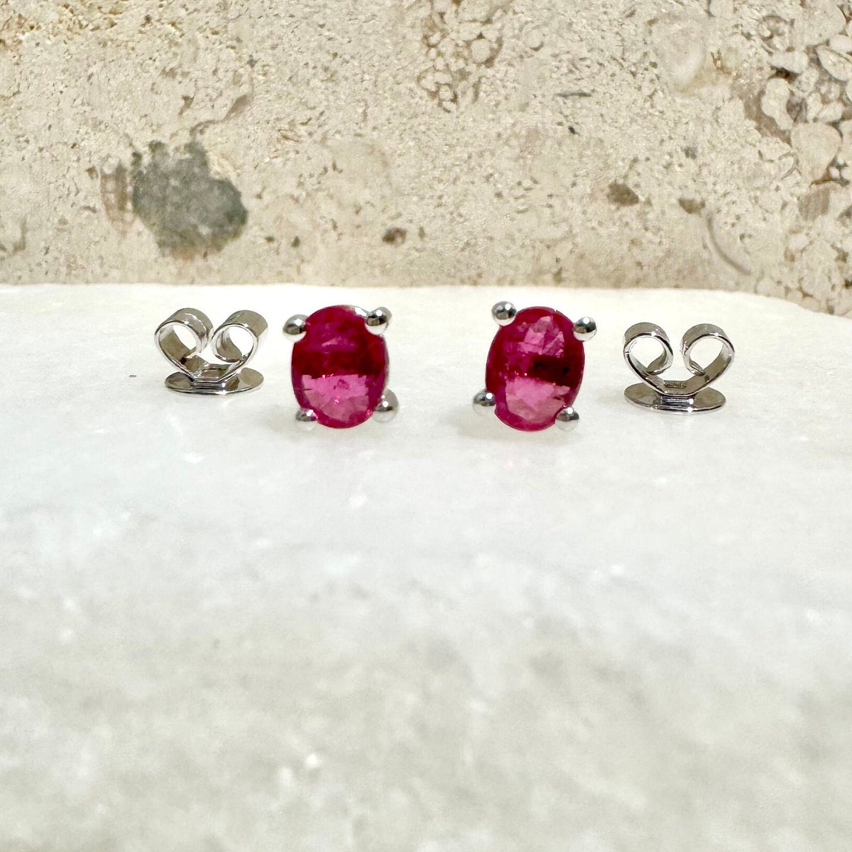 Genuine Ruby Oval Cut Solitaire Stud Earrings, 14k Solid White Gold, July Birthstone, Gift for Her