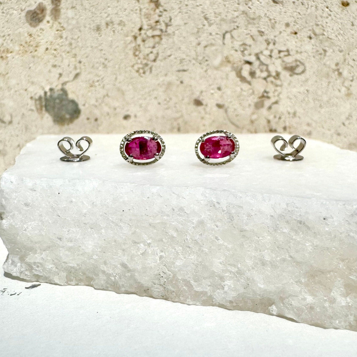 Genuine Oval Cut Ruby Halo Stud Earrings, 14k Solid White Gold, July Birthstone