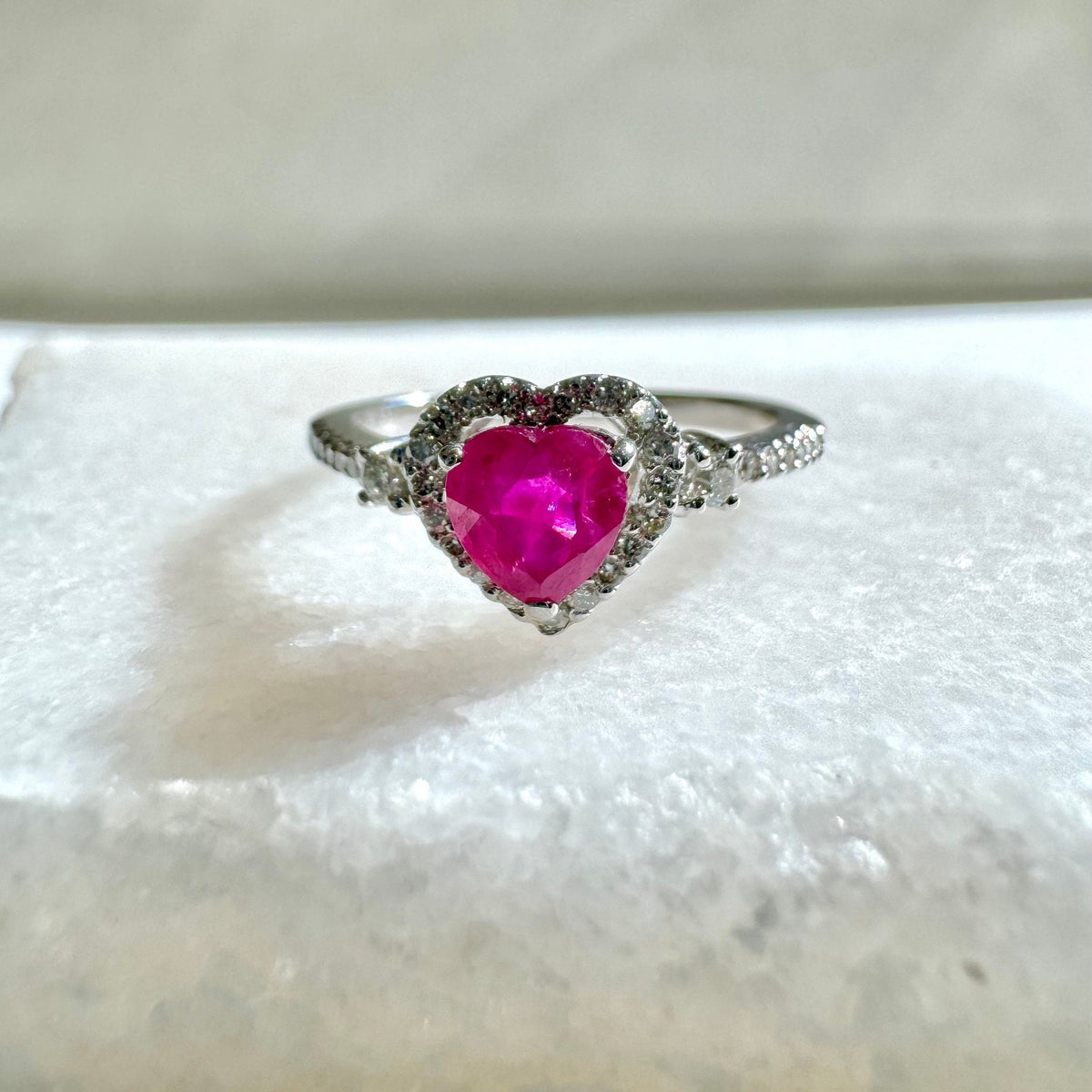 14k Solid White Gold Ruby & Diamond Heart Halo Ring, Natural Ruby and Diamond, July Birthstone Gift