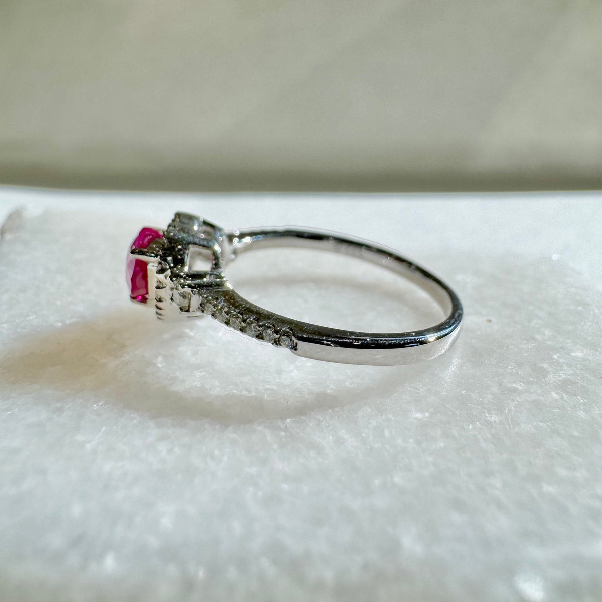 14k Solid White Gold Ruby & Diamond Heart Halo Ring, Natural Ruby and Diamond, July Birthstone Gift