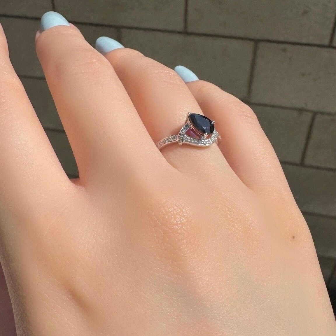 Genuine Sapphire and Diamond Pear Cut Ring | 14k White Gold