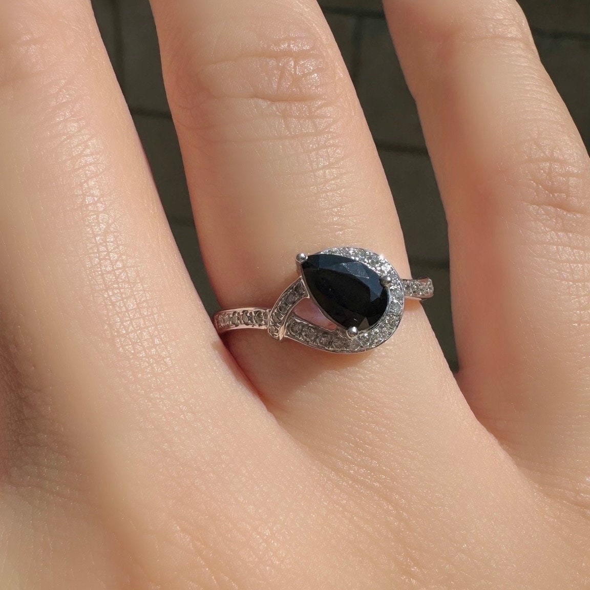 Genuine Sapphire and Diamond Pear Cut Ring | 14k White Gold