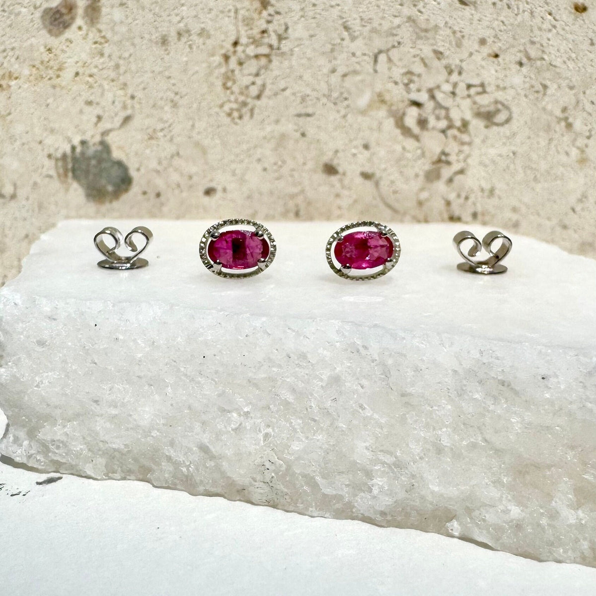 Genuine Oval Cut Ruby Halo Stud Earrings, 14k Solid White Gold, July Birthstone