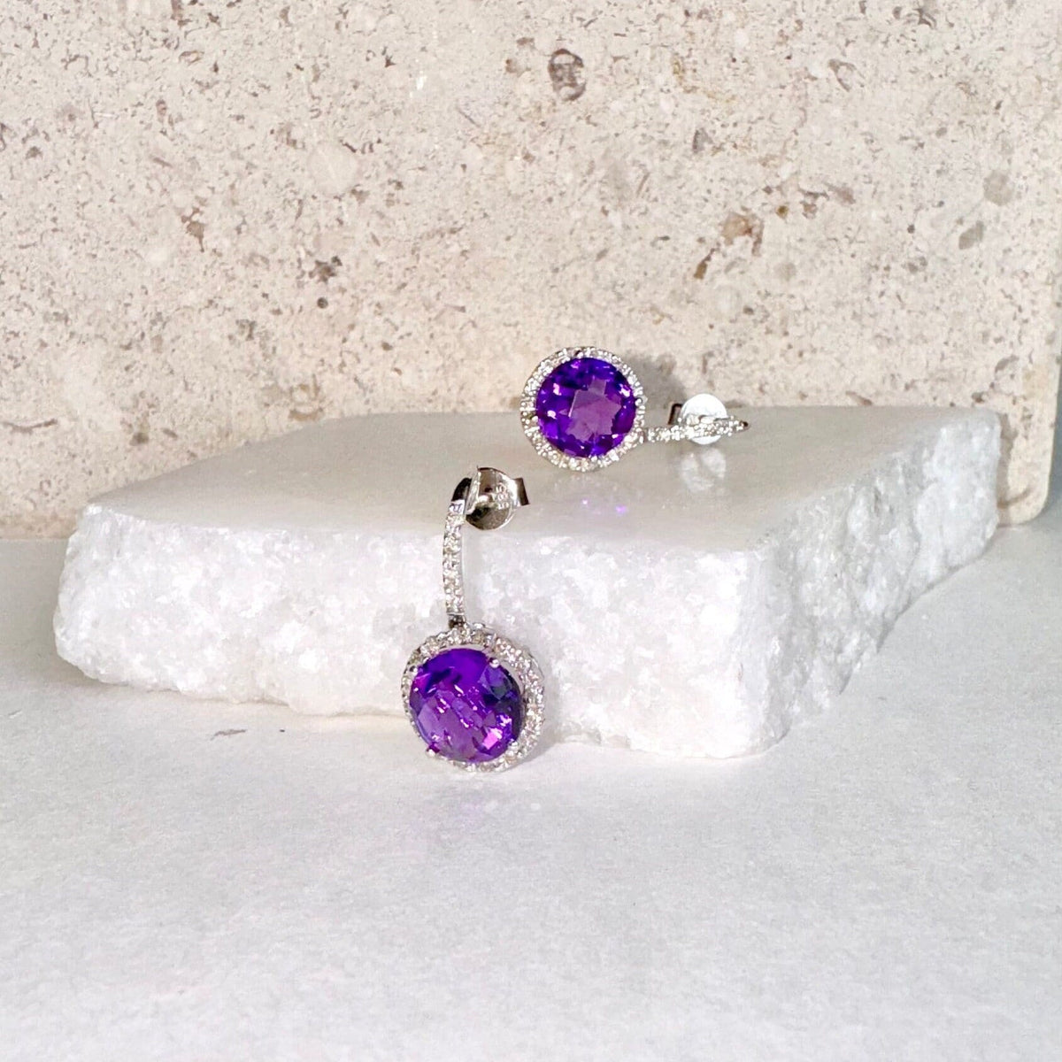 14k White Gold Amethyst Diamond Halo Stud Earrings, February Birthstone Gift