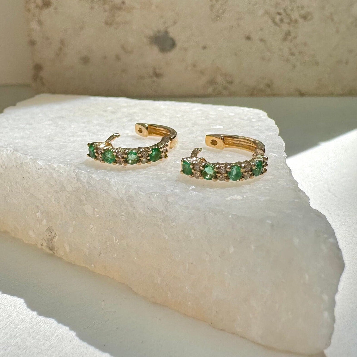 Emerald and Diamond Huggie Hoop Earrings | 14k Solid Gold and 18k Solid White Gold