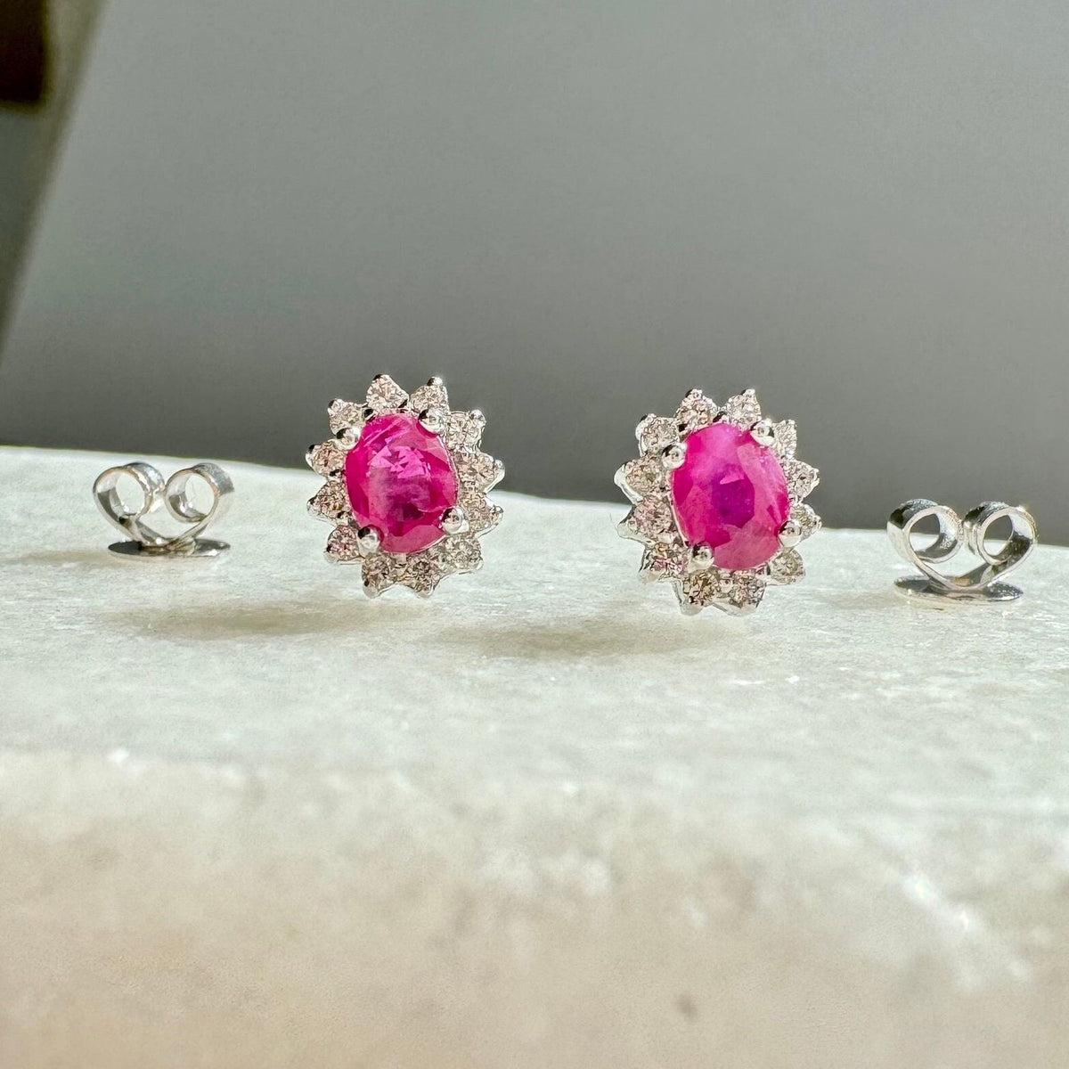 Ruby Diamond Solaris Earrings, Genuine 14k Solid Gold Sunburst Cluster, July Birthstone