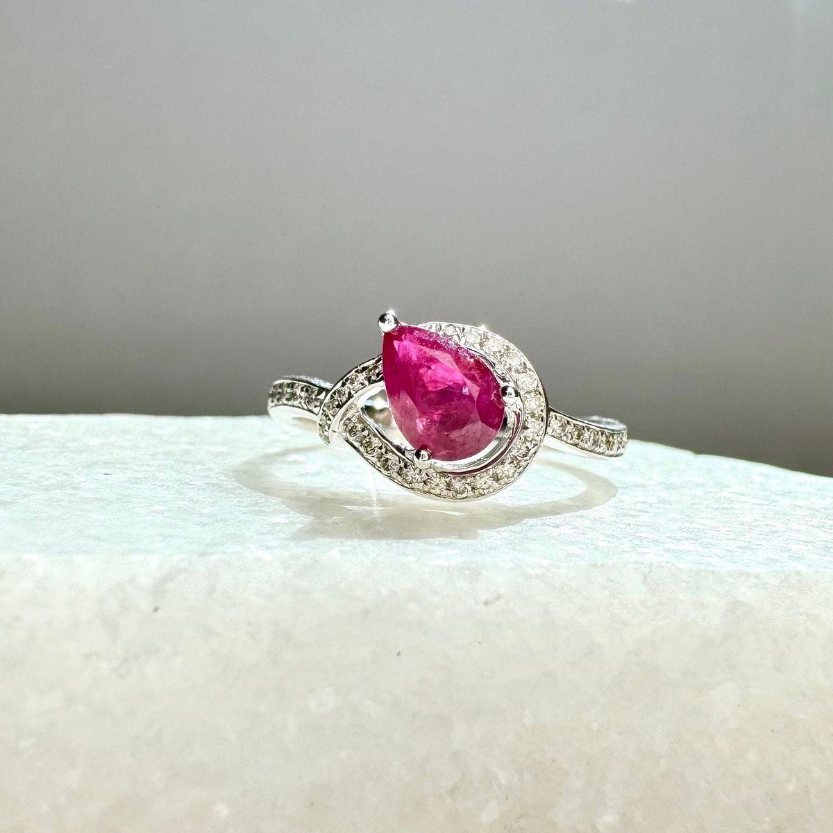 Genuine Ruby and Diamond Teardrop Ring in 14k White Gold