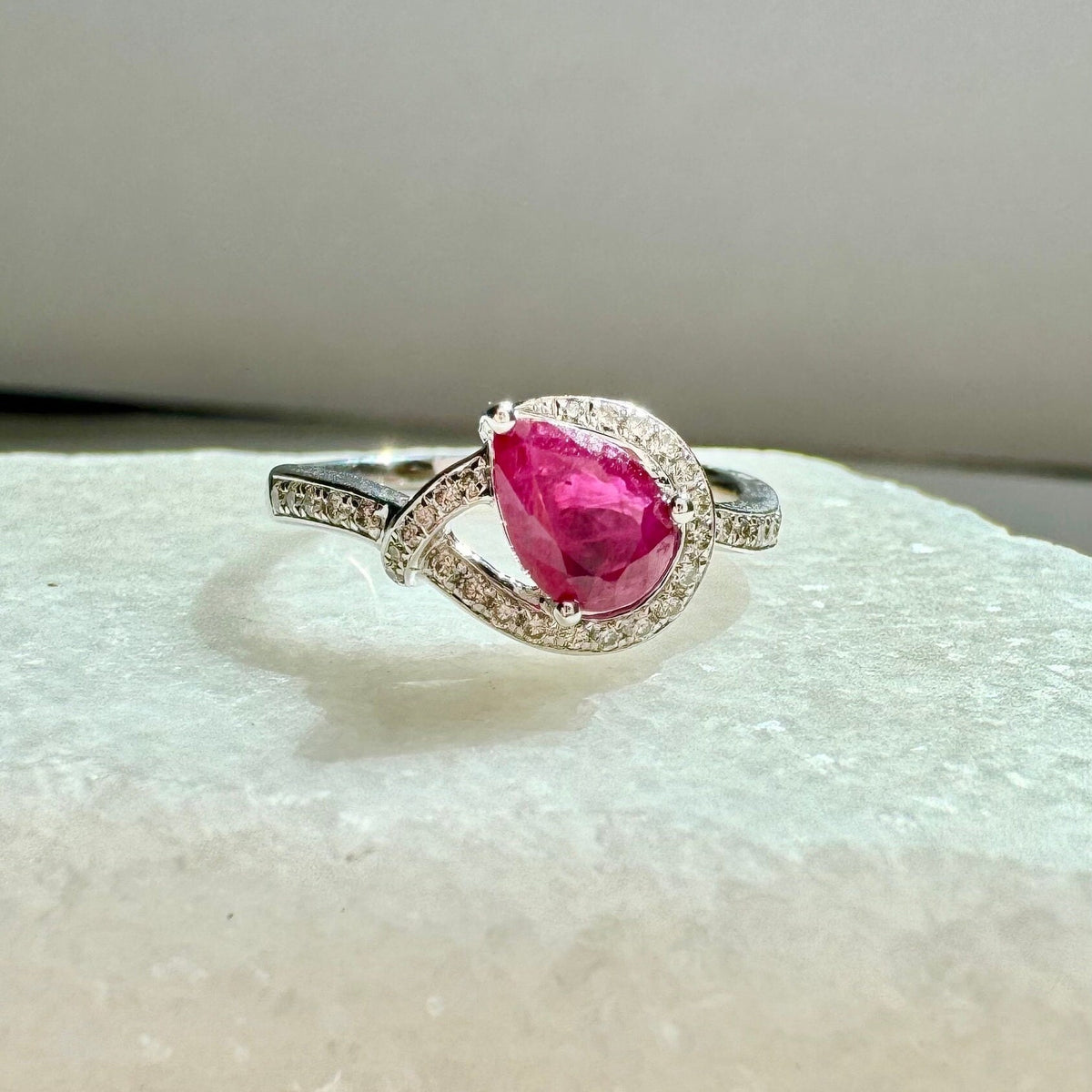 Genuine Ruby and Diamond Teardrop Ring in 14k White Gold